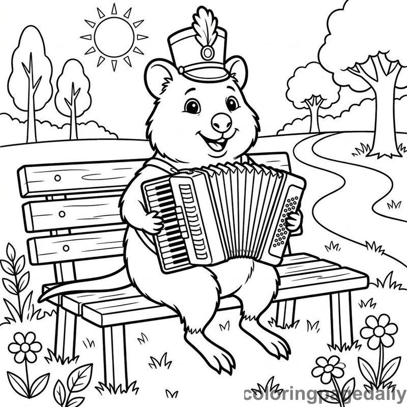 Quokka Playing The Accordion - Daily printable coloring page in Animals category