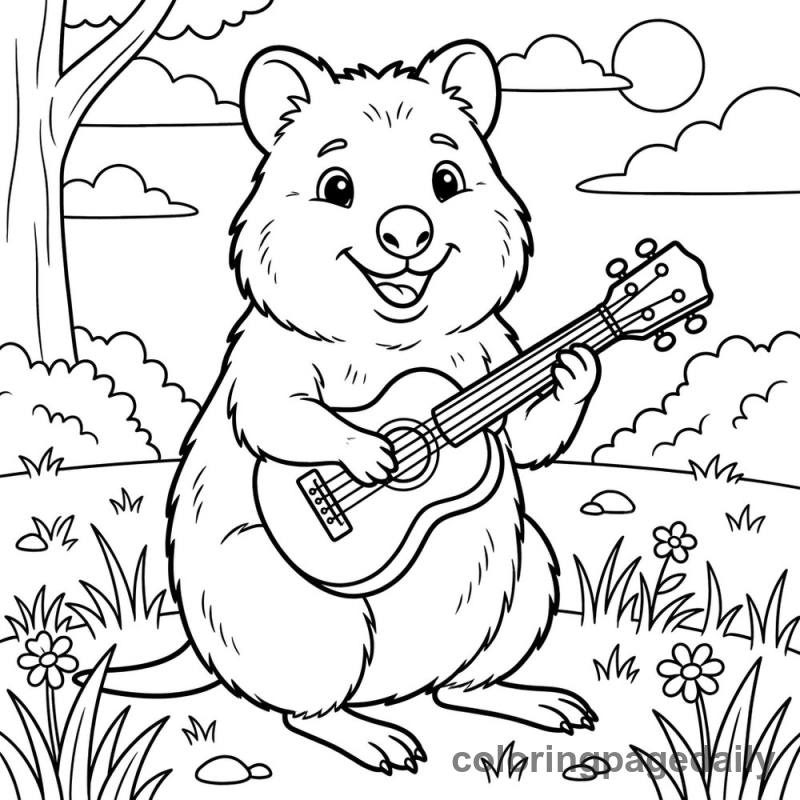 Quokka Strumming a Ukulele - Daily printable coloring page in Animals category