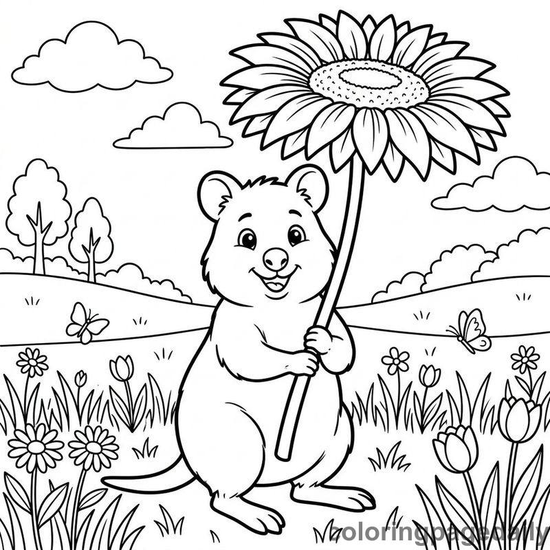 Quokka's Sunflower Umbrella - Daily printable coloring page in Animals category