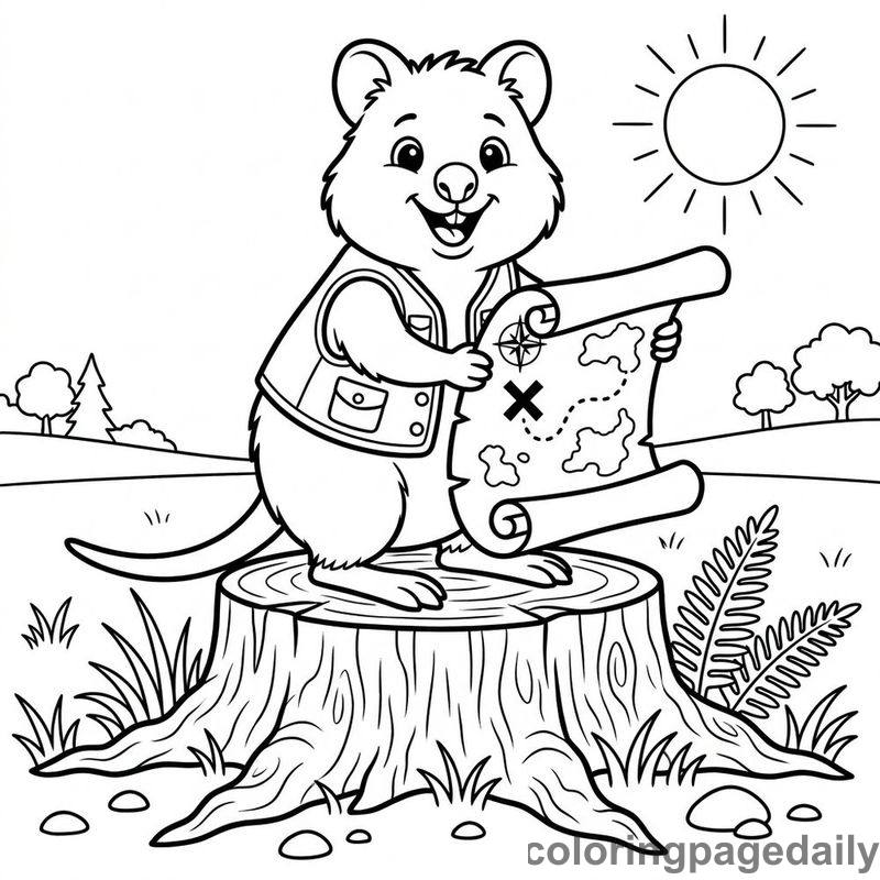 Quokka Unrolling Treasure Map - Daily printable coloring page in Animals category