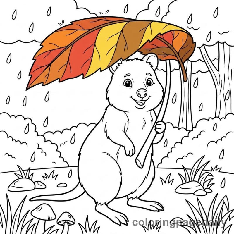 Quokka With Leaf Umbrella - Daily printable coloring page in Animals category