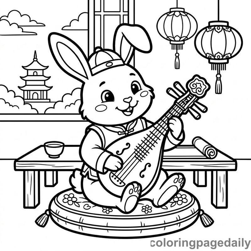 Rabbit Playing Pipa - Daily printable coloring page in Chinese New Year category