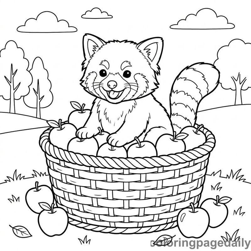Red Panda Apple Basket - Daily printable coloring page in Animals category