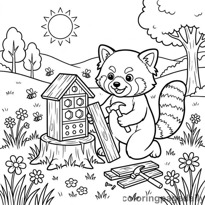 Red Panda Building Bee House - Daily printable coloring page in Animals category
