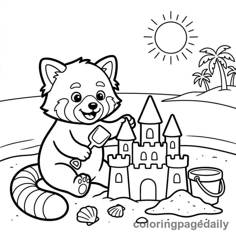 Red Panda Building Sandcastle - Daily printable coloring page in Animals category