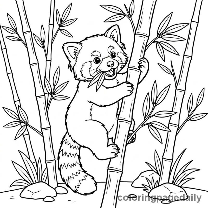 Red Panda Climbing Bamboo - Daily printable coloring page in Animals category