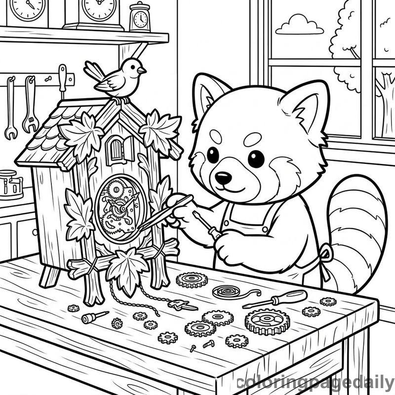 Red Panda Clockmaker Repairing - Daily printable coloring page in Animals category
