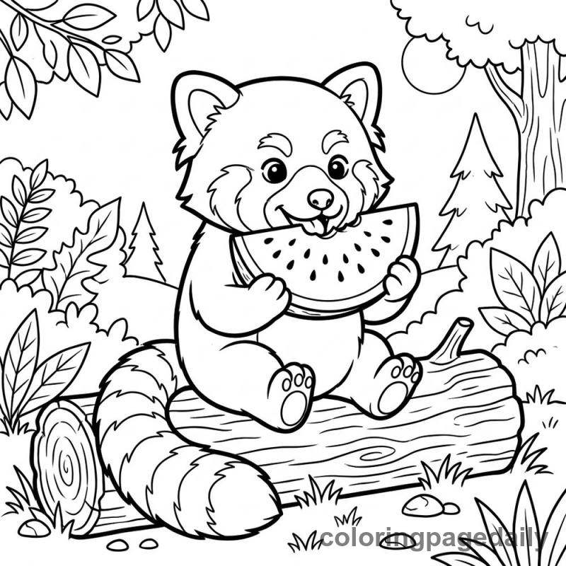 Red Panda Eating Watermelon - Daily printable coloring page in Animals category