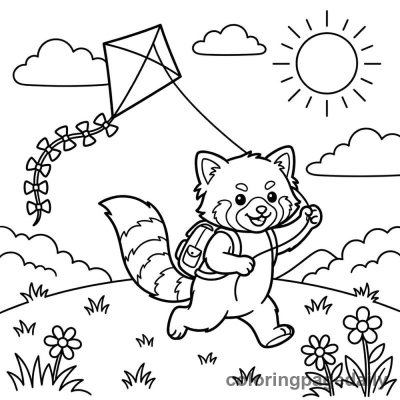Red Panda Flying Kite - Daily printable coloring page in Animals category