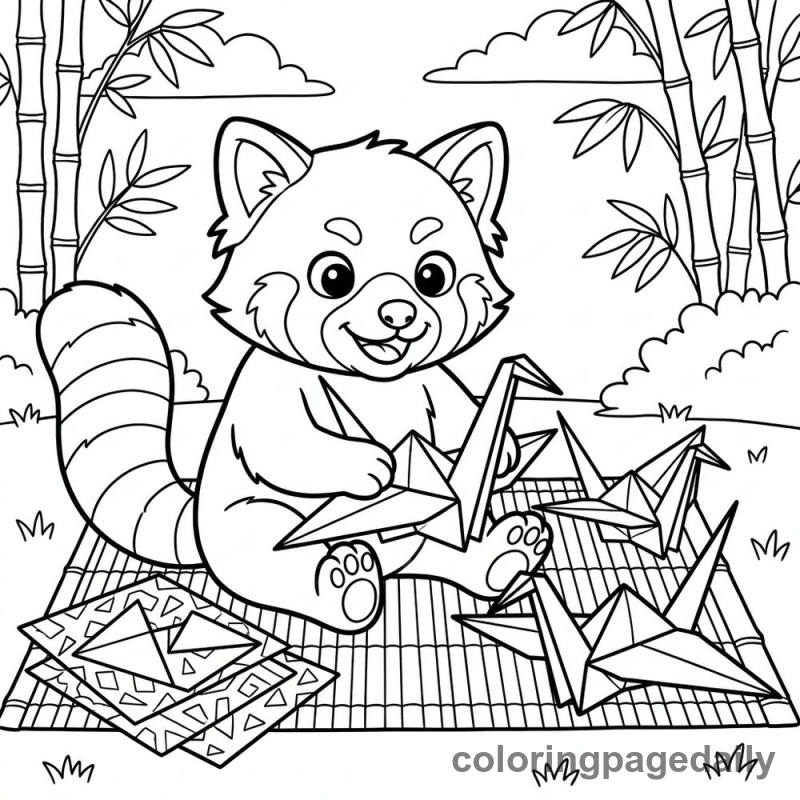 Red Panda Folding Origami Cranes - Daily printable coloring page in Animals category