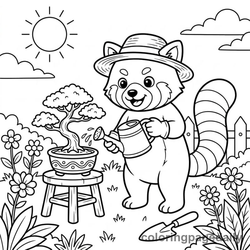 Red Panda Gardener - Daily printable coloring page in Animals category