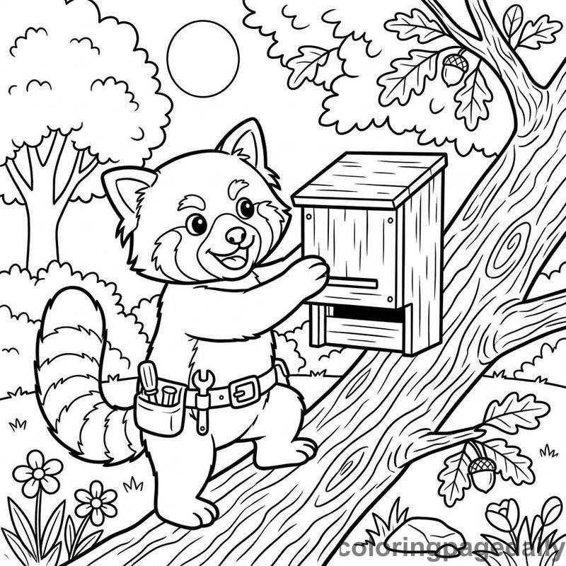 Red Panda Hanging Bat House - Daily printable coloring page in Animals category