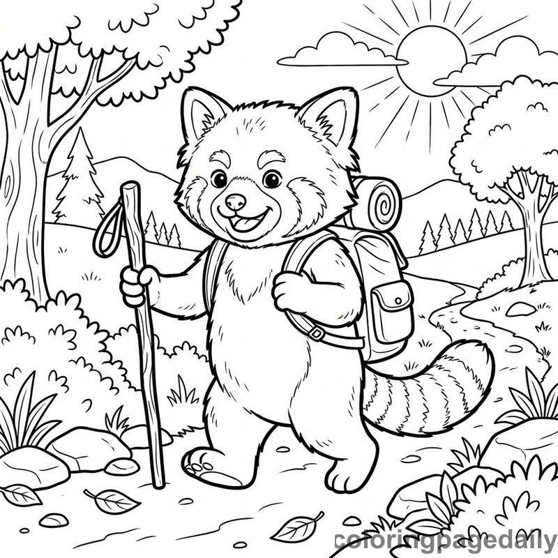 Red Panda Hiking Adventure - Daily printable coloring page in Animals category