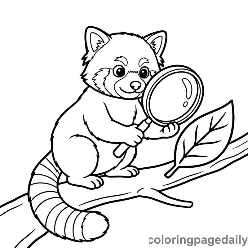 Red Panda Inspecting Leaf - Daily printable coloring page in Animals category