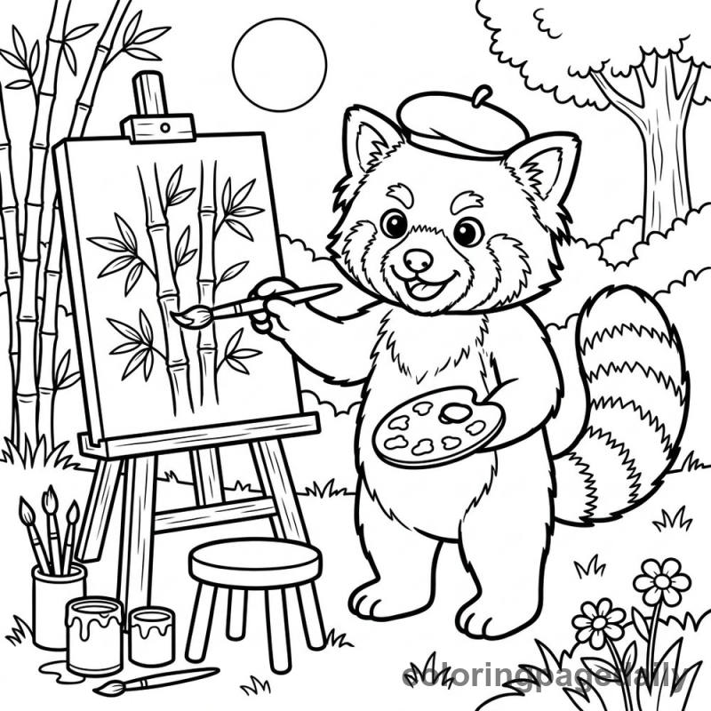 Red Panda Paints a Masterpiece - Daily printable coloring page in Animals category