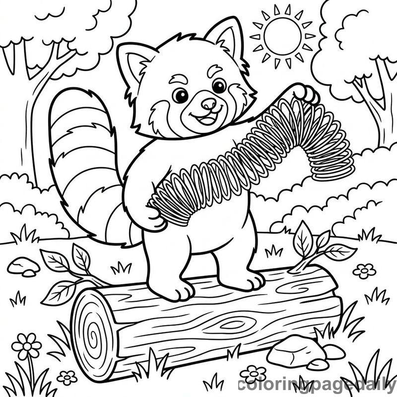 Red Panda Playing Slinky - Daily printable coloring page in Animals category