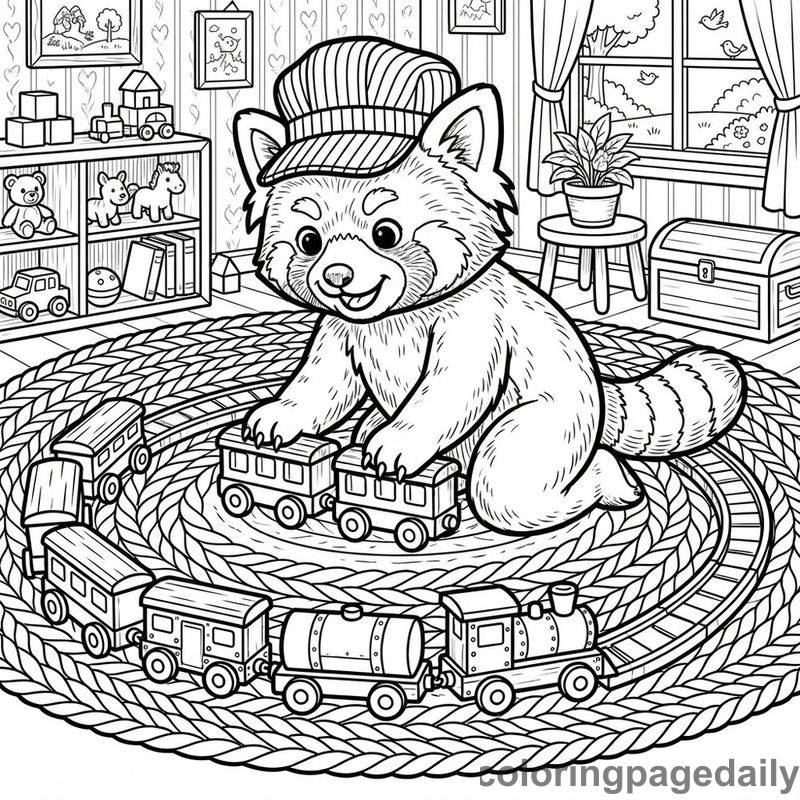 Red Panda Playing Toy Trains - Daily printable coloring page in Animals category