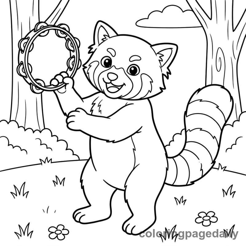 Red Panda Tambourine Fun - Daily printable coloring page in Animals category