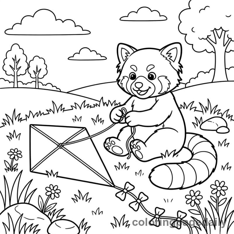 Red Panda Tying A Kite - Daily printable coloring page in Animals category