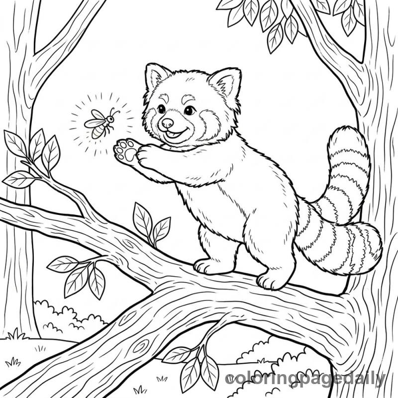 Red Panda's Firefly Friend - Daily printable coloring page in Animals category