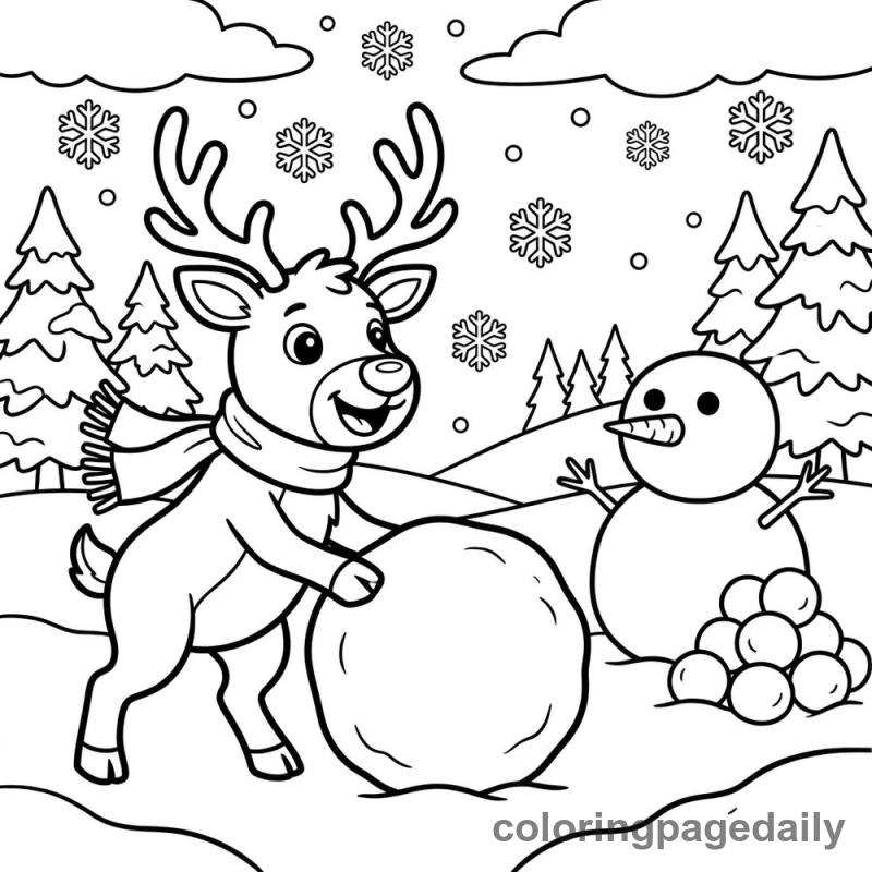 Reindeer Building Snowman - Daily printable coloring page in Christmas category