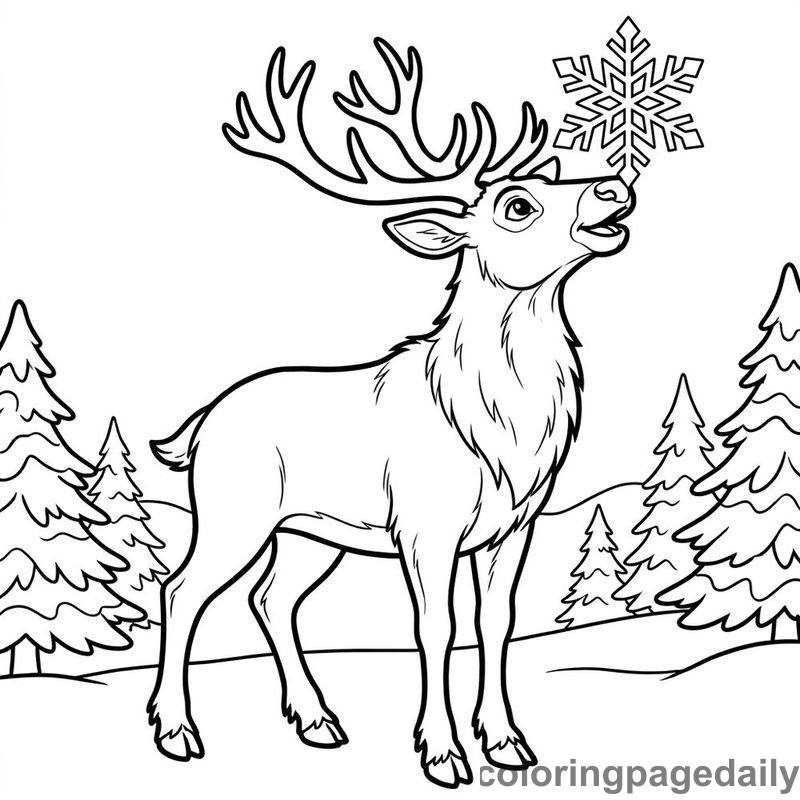 Reindeer Catching A Snowflake - Daily printable coloring page in Winter and Snow Season category