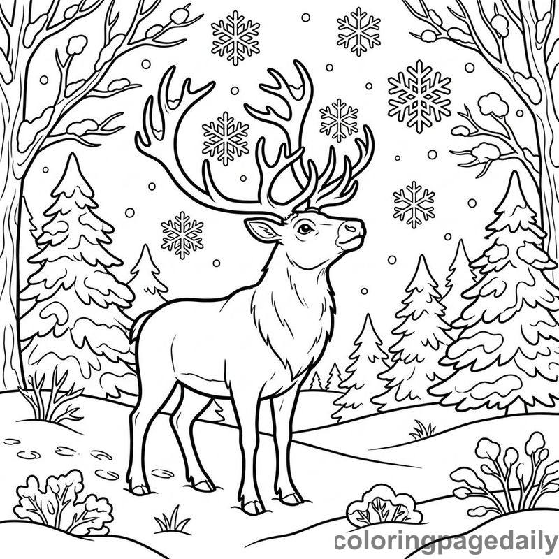 Reindeer Catching Winter Snowflakes - Daily printable coloring page in Winter and Snow Season category
