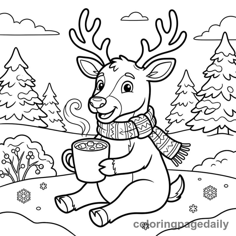 Reindeer Drinking Cocoa - Daily printable coloring page in Christmas category