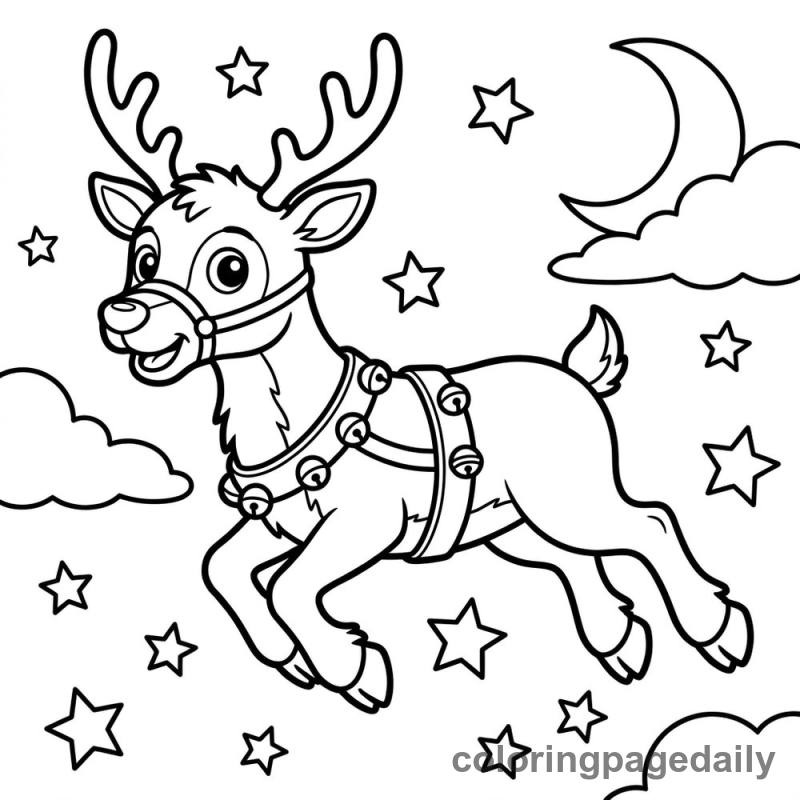 Reindeer Flying in Sky - Daily printable coloring page in Christmas category
