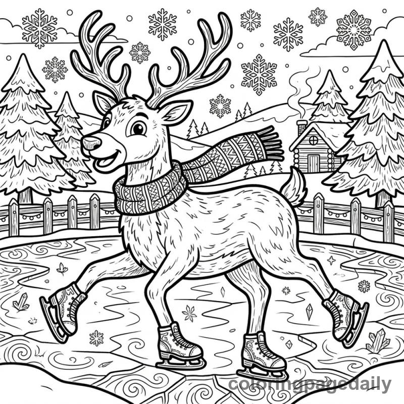 Reindeer Ice Skating - Daily printable coloring page in Christmas category