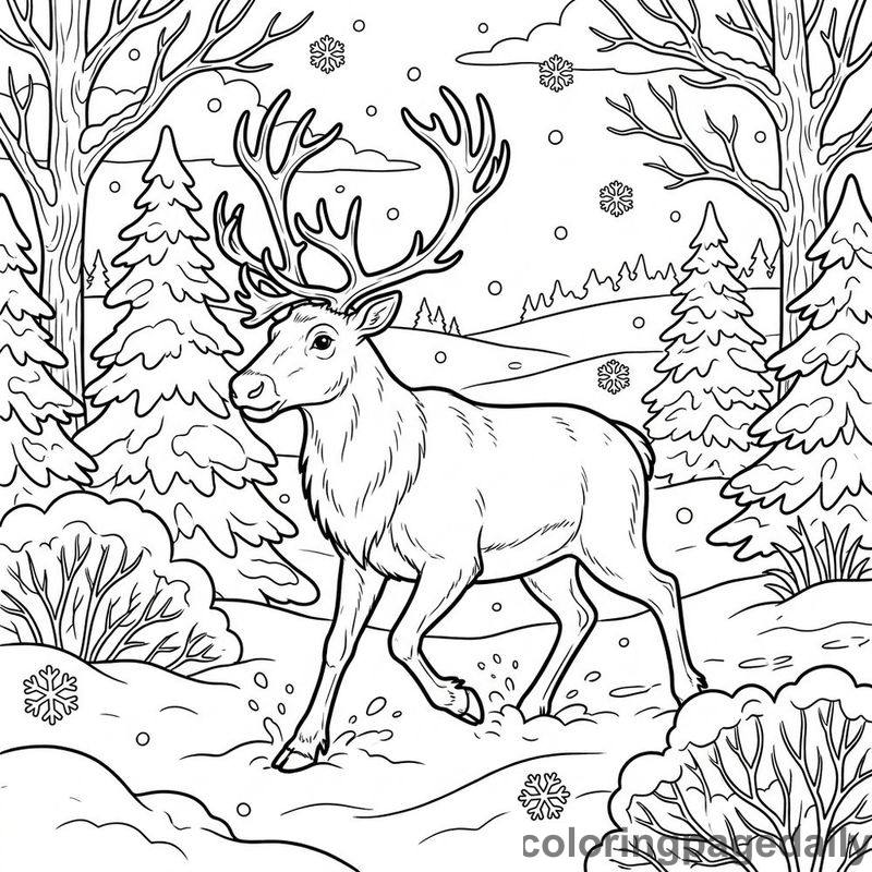 Reindeer In Winter Forest - Daily printable coloring page in Winter and Snow Season category