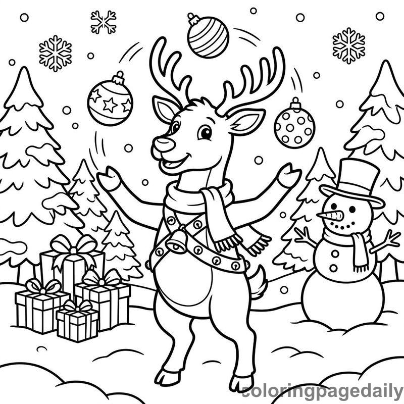 Reindeer Juggling Ornaments - Daily printable coloring page in Christmas category