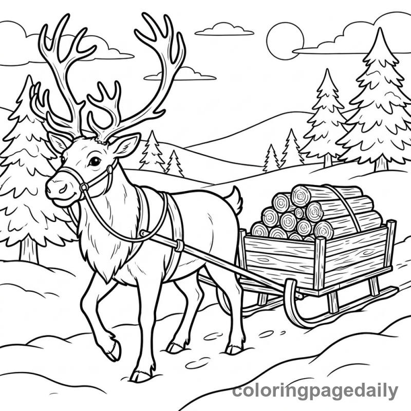 Reindeer Pulling Firewood Sled - Daily printable coloring page in Winter and Snow Season category