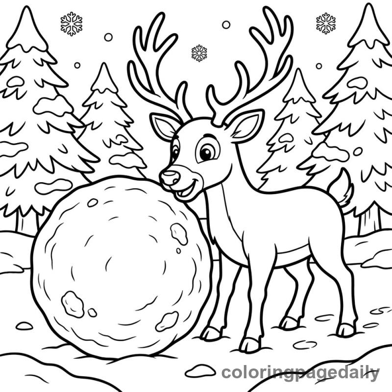Reindeer Pushes a Big Snowball - Daily printable coloring page in Winter and Snow Season category