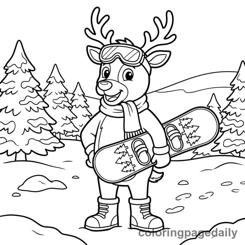 Reindeer With Snowboard - Daily printable coloring page in Christmas category