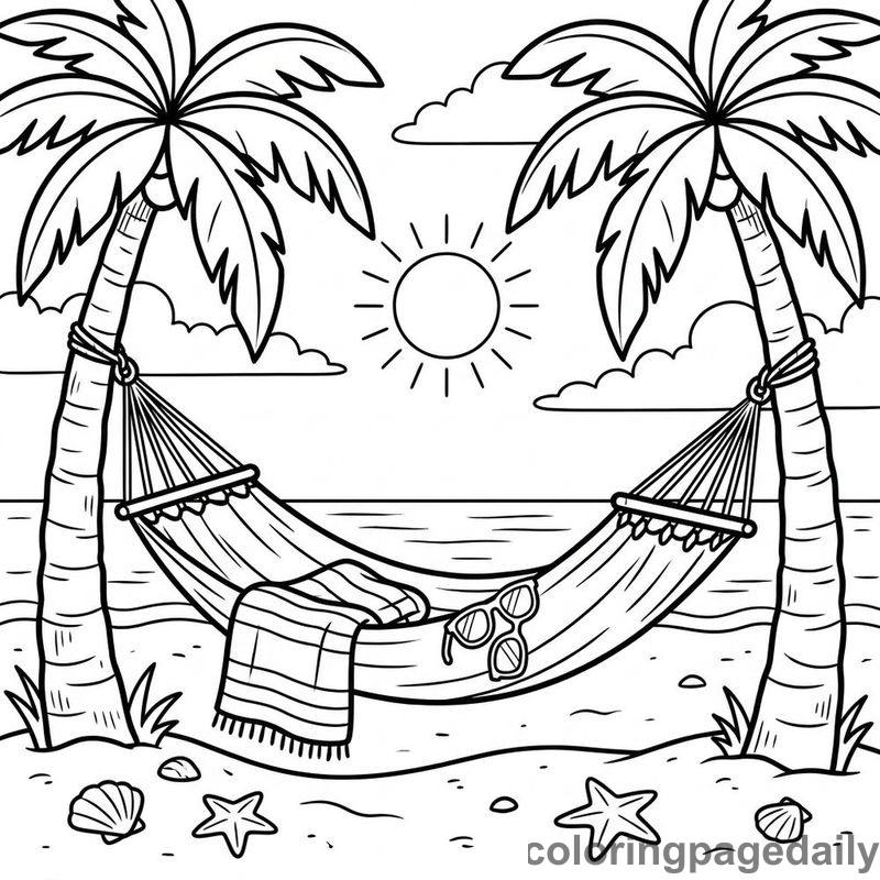 Relaxing Beach Hammock Rest - Daily printable coloring page in Summer Vacation category