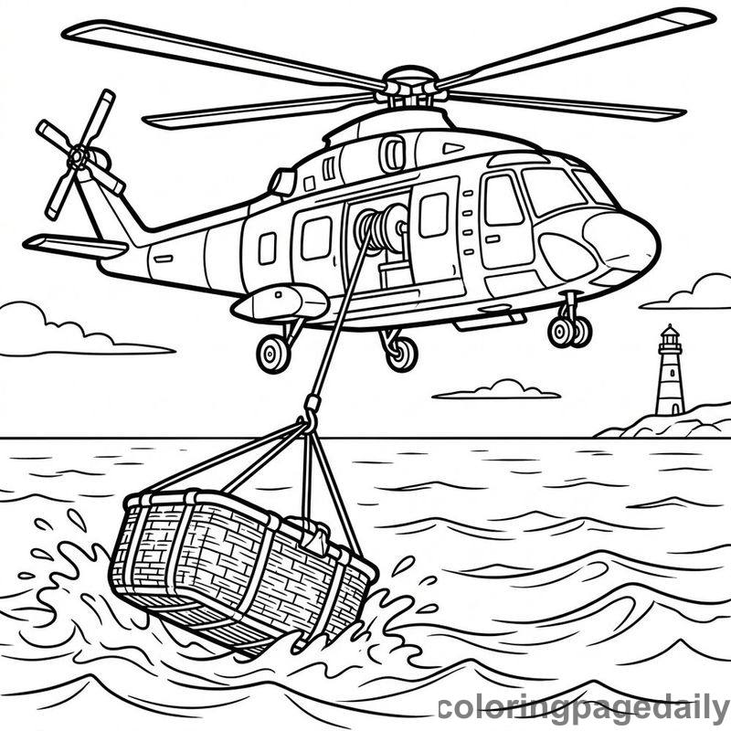 Rescue Helicopter Lowering Basket - Daily printable coloring page in Vehicle category