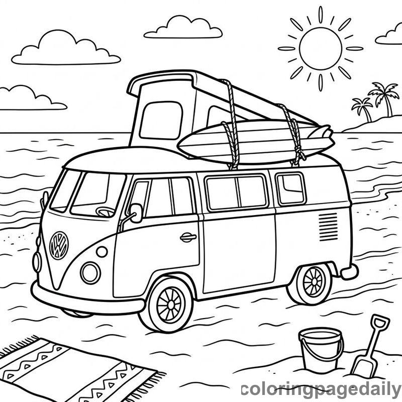 Retro Beach Camper Van - Daily printable coloring page in Summer Vacation category