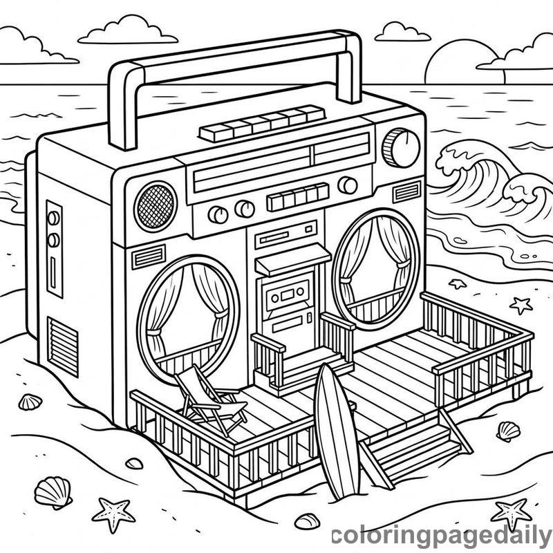 Retro Boombox Beach Cabin - Daily printable coloring page in Scenery category