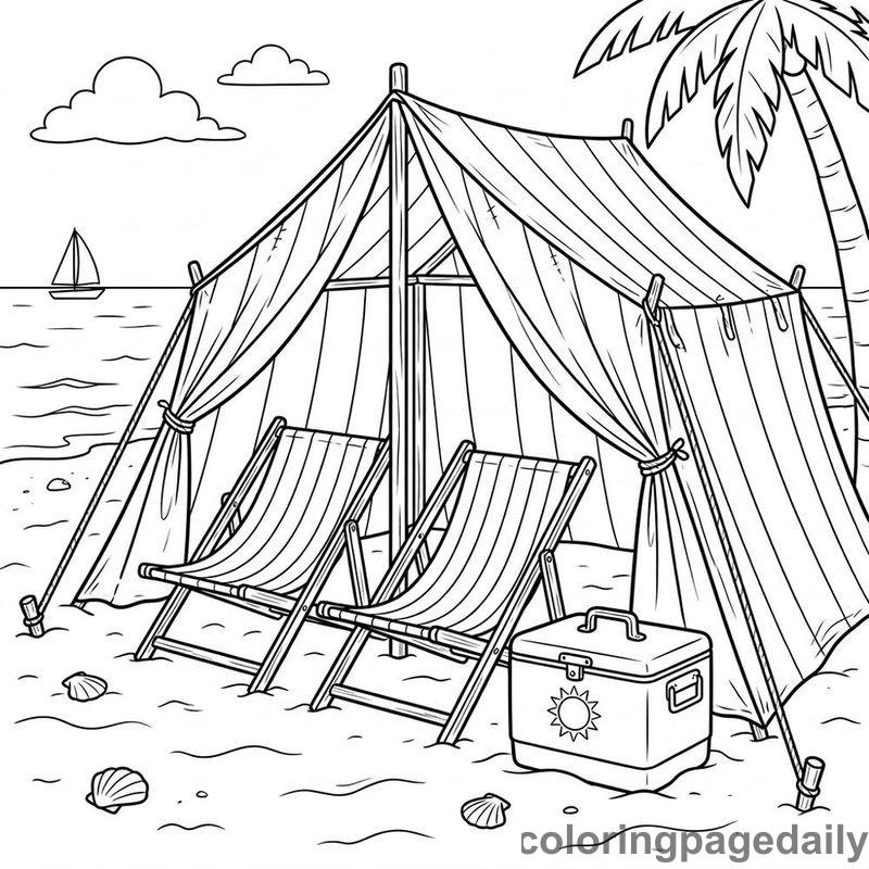 Retro Canvas Beach Tent - Daily printable coloring page in Summer Vacation category