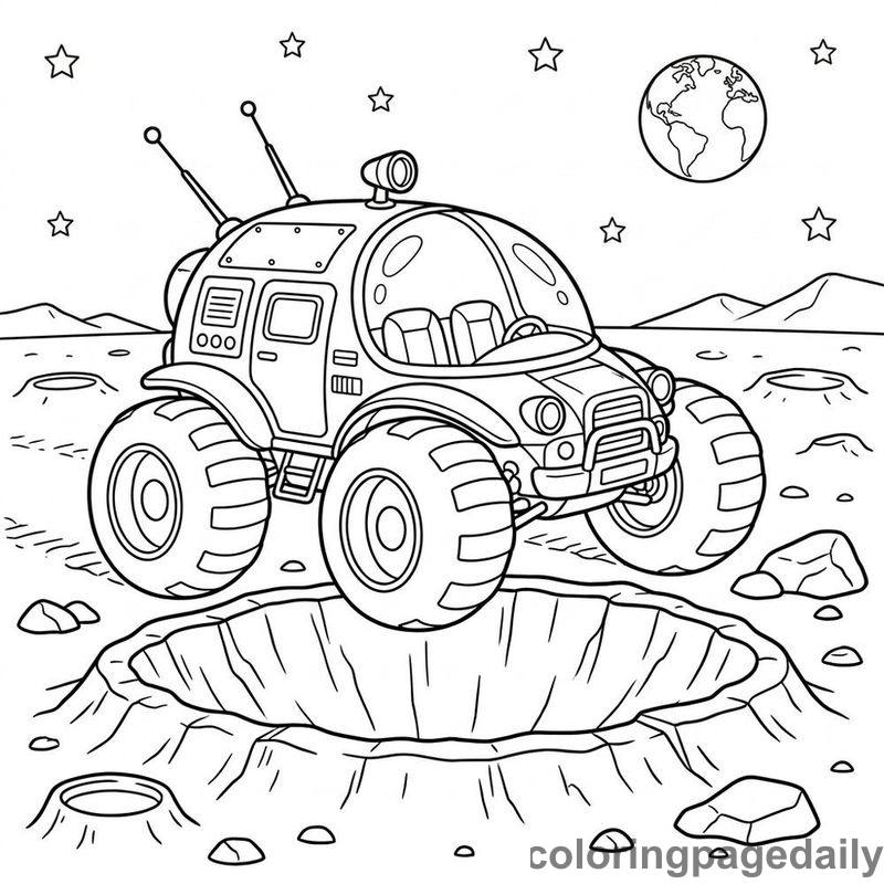 Retro Moon Buggy Parked - Daily printable coloring page in Space category