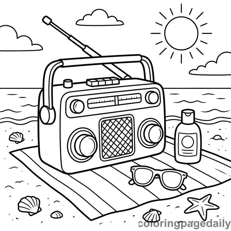Retro Radio On Beach Blanket - Daily printable coloring page in Summer Vacation category