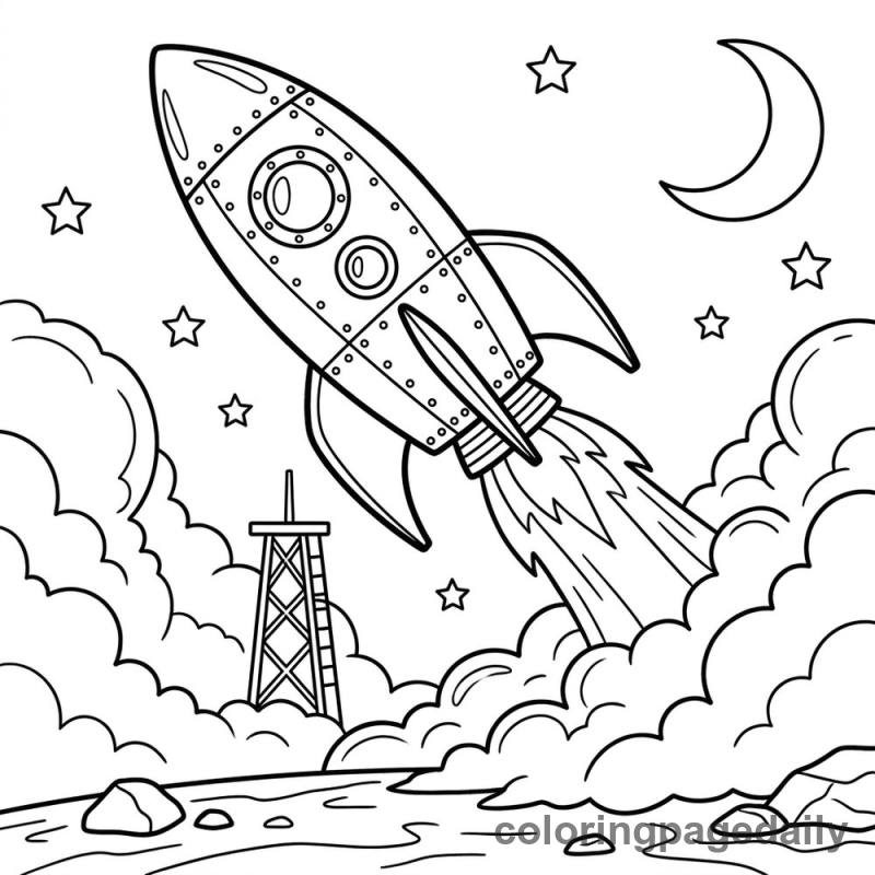 Retro Rocket Blast Off - Daily printable coloring page in Space category