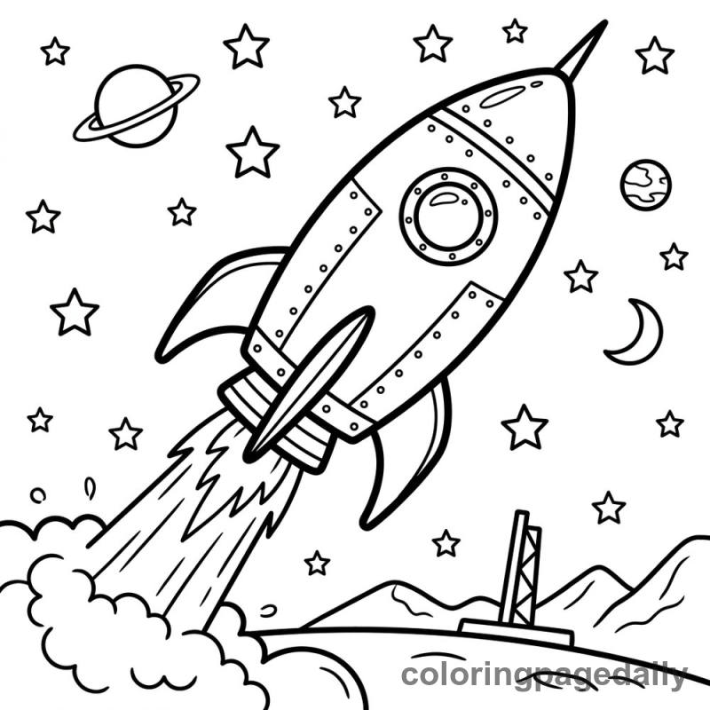 Retro Rocket Launch - Daily printable coloring page in Space category