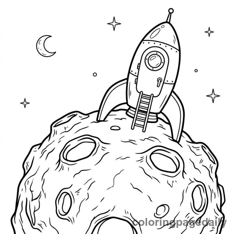 Retro Rocket On Asteroid - Daily printable coloring page in Space category