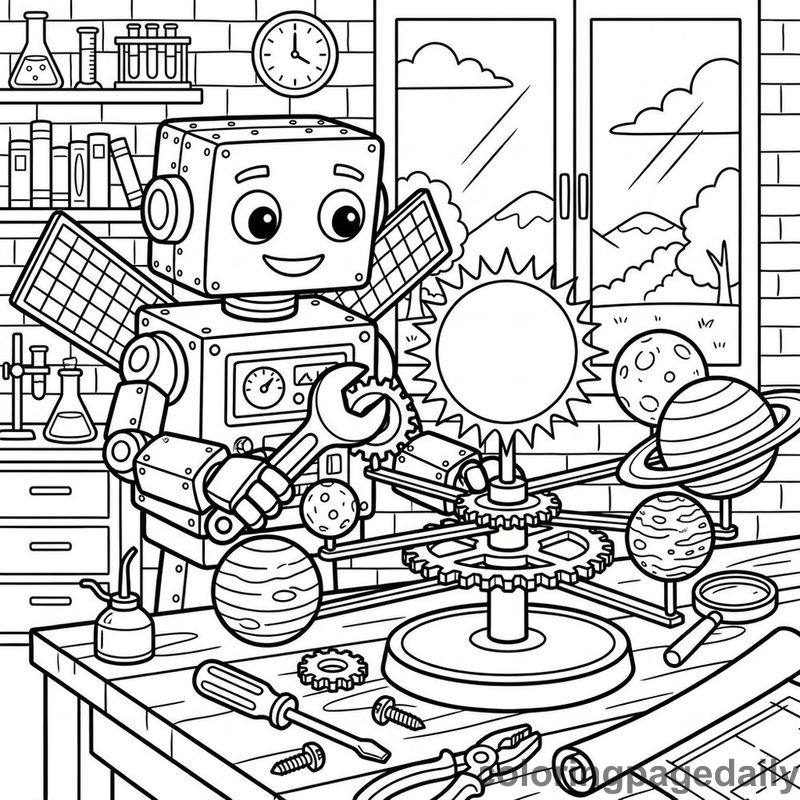 Robot Adjusting Solar System Model - Daily printable coloring page in Robots and STEM category
