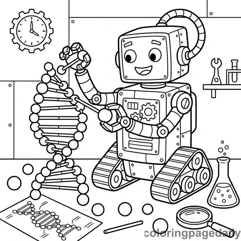 Robot Assembling DNA Model - Daily printable coloring page in Robots and STEM category