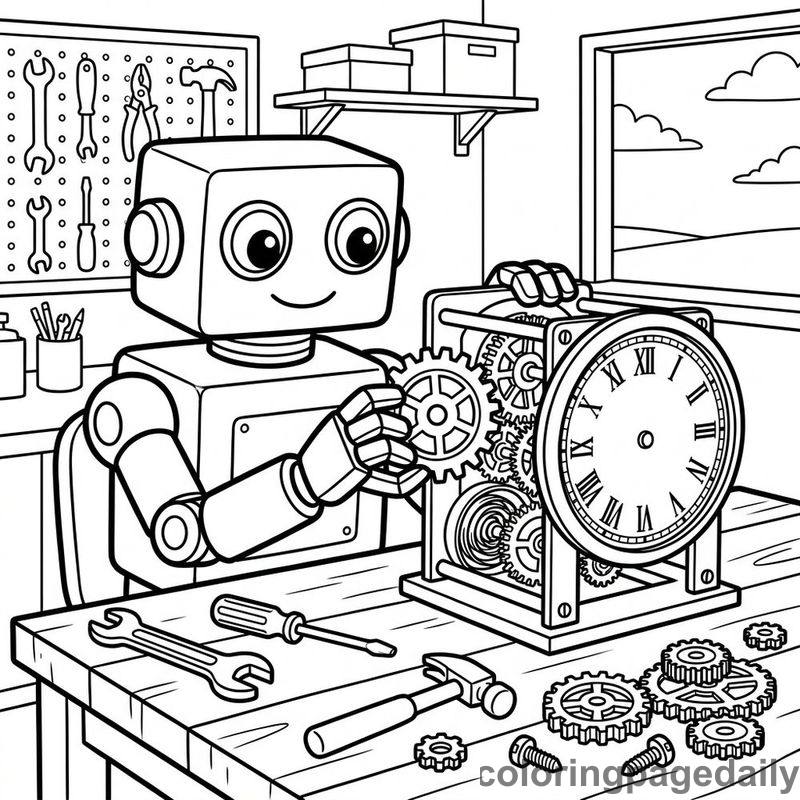Robot Assembling Gear Clock - Daily printable coloring page in Robots and STEM category