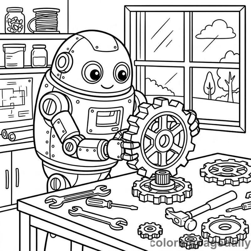 Robot Assembling Metal Gear - Daily printable coloring page in Robots and STEM category