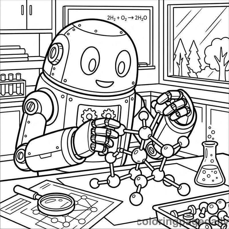 Robot Assembling Molecular Model - Daily printable coloring page in Robots and STEM category